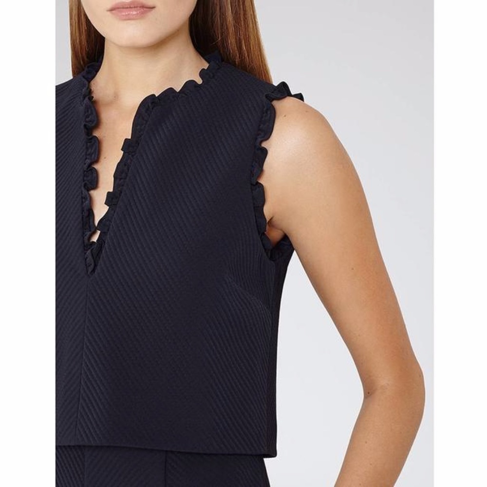 Women's Reiss Sleeveless Embroidered V Neck and Shoulders Navy Mid dress Size 6